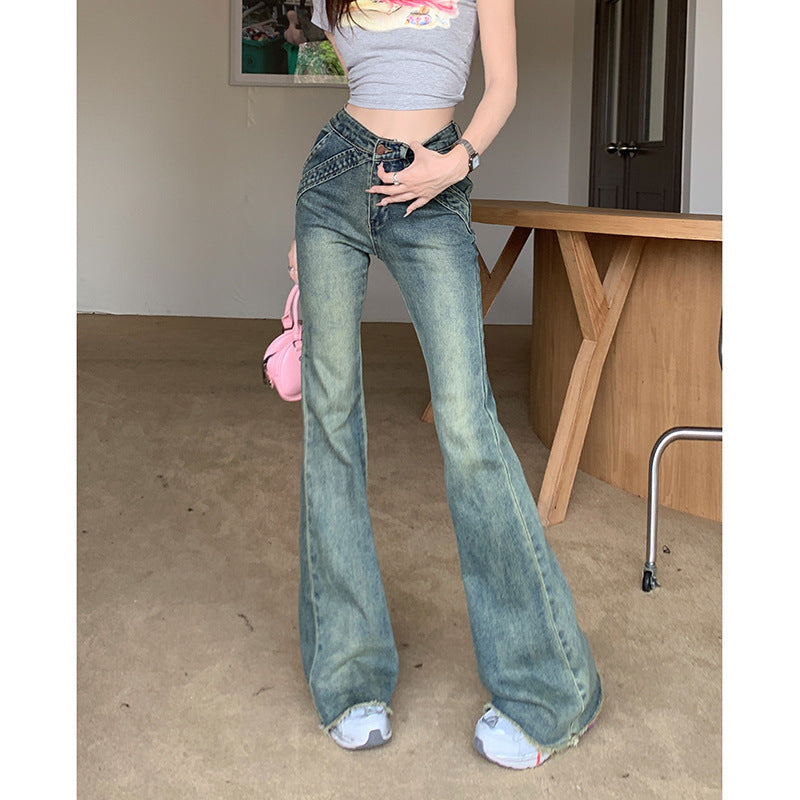 High-Waisted Micro-Cut Jeans Girl Spice Retro Raw Edge Design Sense Slim Loose Straight Tube Flared Floor Pants