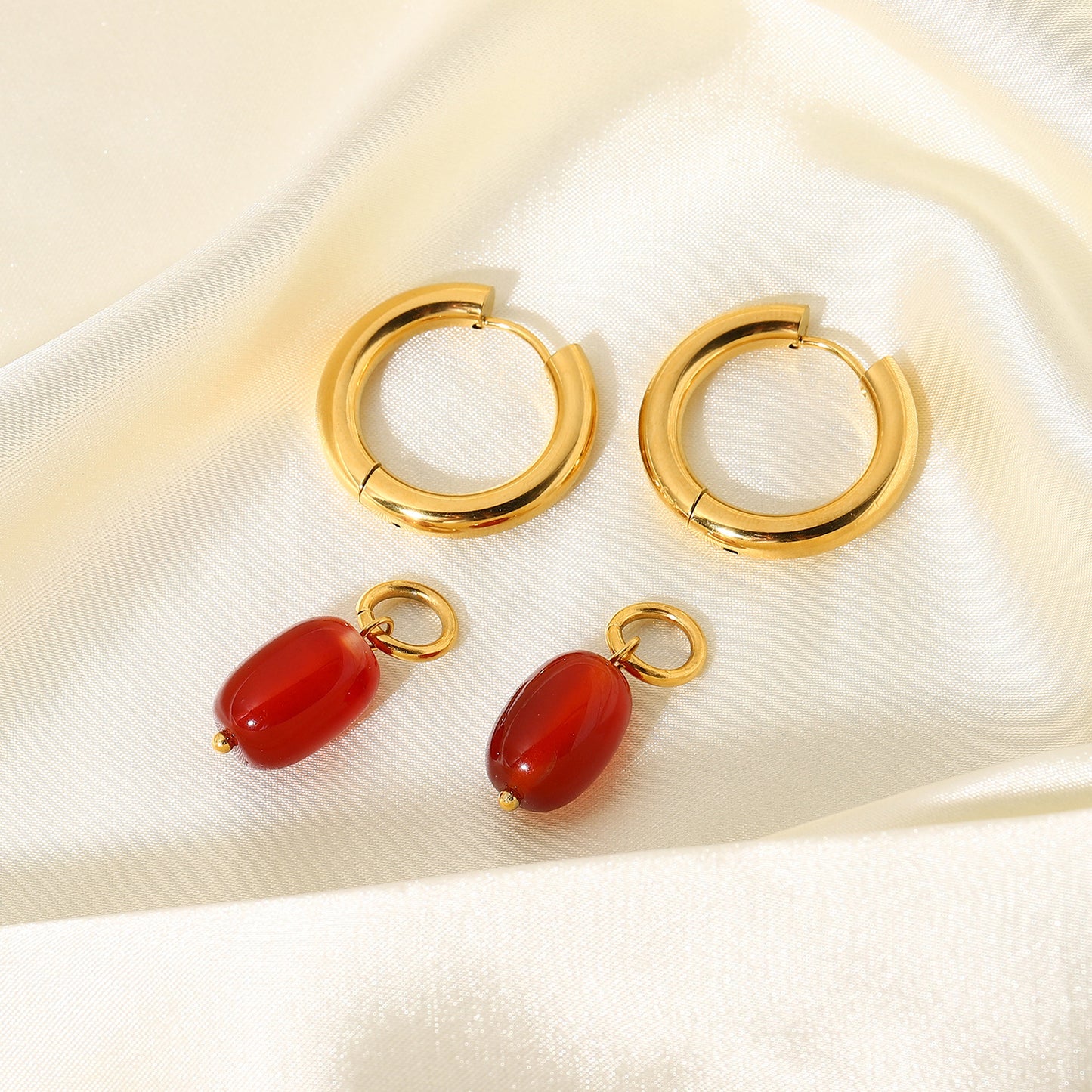 5pcs Double Gold Plated Red Stone Pendant Stainless Steel Earrings Women's Same Stud Earrings
