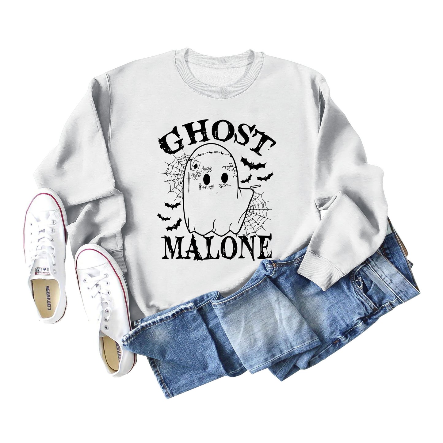 Ghost Malone Letter Round Neck Fashion Bat Round Neck Halloween Long Sleeve Hoodie