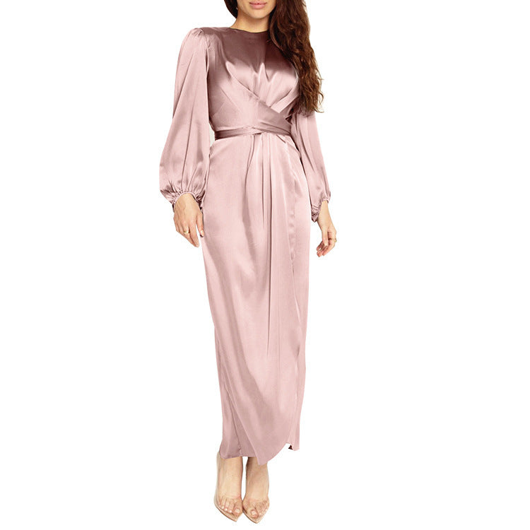 New Soft Waist Dress Temperament Commuter Fashion New Elegant Style Solid Color Long Sleeve Satin Long Dress