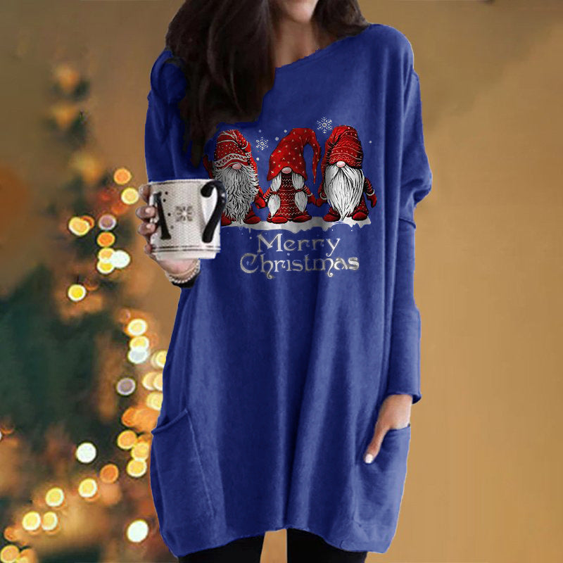 Santa Claus Printed Long Sleeve Pocket Round Neck T-Shirt Dress