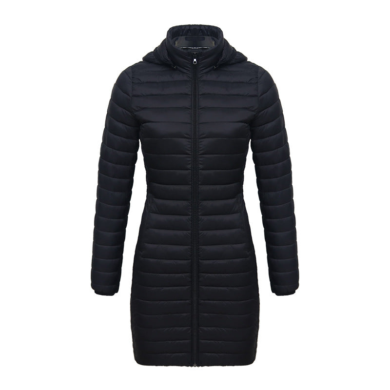 Women's Fall/Winter Lightweight Mid-Length Slim-Fit Cotton-Padded Jacket Removable Hooded Casual Commuter Coat