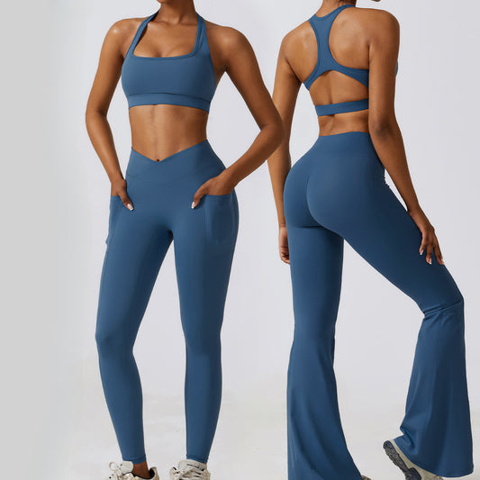 Quick Dry Beauty Back Yoga Set Pocket Tight Running Sports Set Female Nude Fitness Clothing