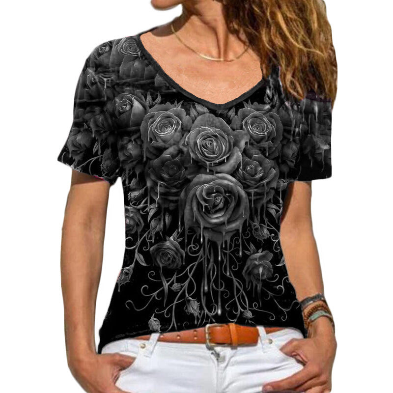 Summer New Women's New Short Sleeve Rose Print T-Shirt Woman
