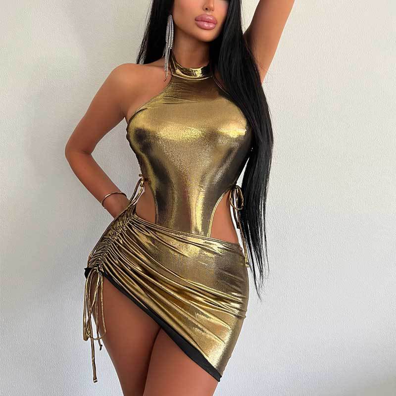 Women's Summer Bright Face Set Sexy Ol Light Mature Spice Girl Onesie With High Waist Drawstring Wrap Hip Skirt