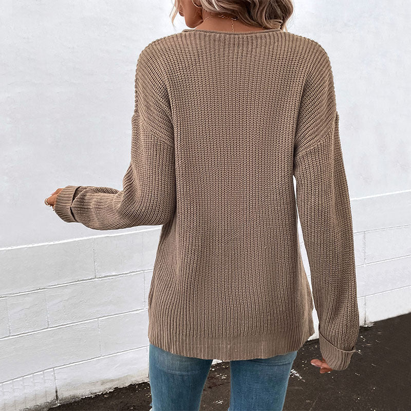 Fashion Women's Autumn And Winter New Long Sleeve Solid Color V-Neck Sweater To Wear