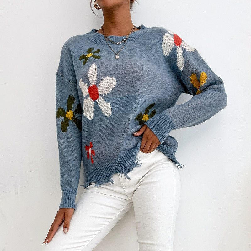 New ern Style Women's Crew-Neck Knitted Jumper Blue Flower Jacquard Sweater