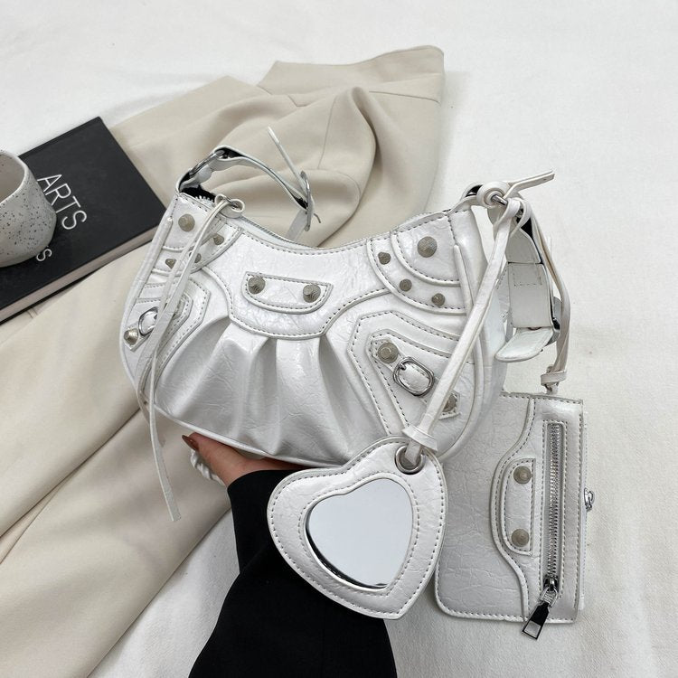 New Underarm Bag Female Retro Rivet Motorcycle Bag Fold Moon Tooth Mother Single Shoulder Crossbody Bag Female