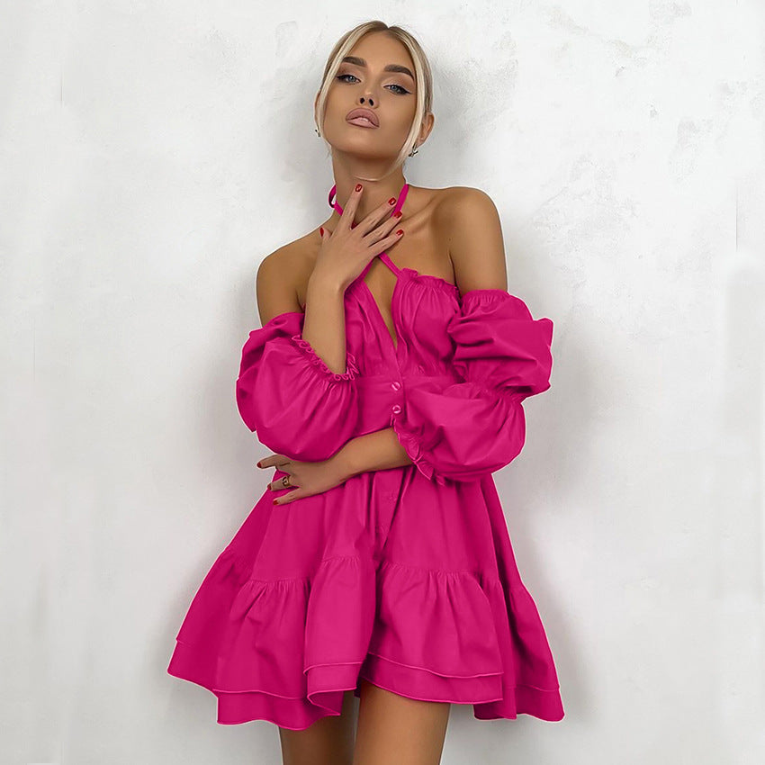 New Solid Color Halter-Neck Square Collar Bubble Sleeve Sexy Dress Summer Dress Skirt