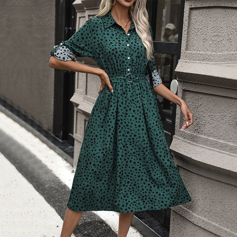New Dress Lapel Button Temperament Dress Polka Dot Long Skirt High Waist Women Skirt With Belt
