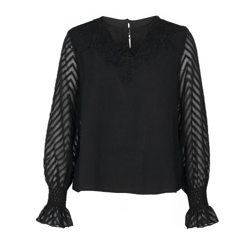 Spring Lace Patchwork Top Long Sleeve Commuter See-Through Pullover Blouse Woman