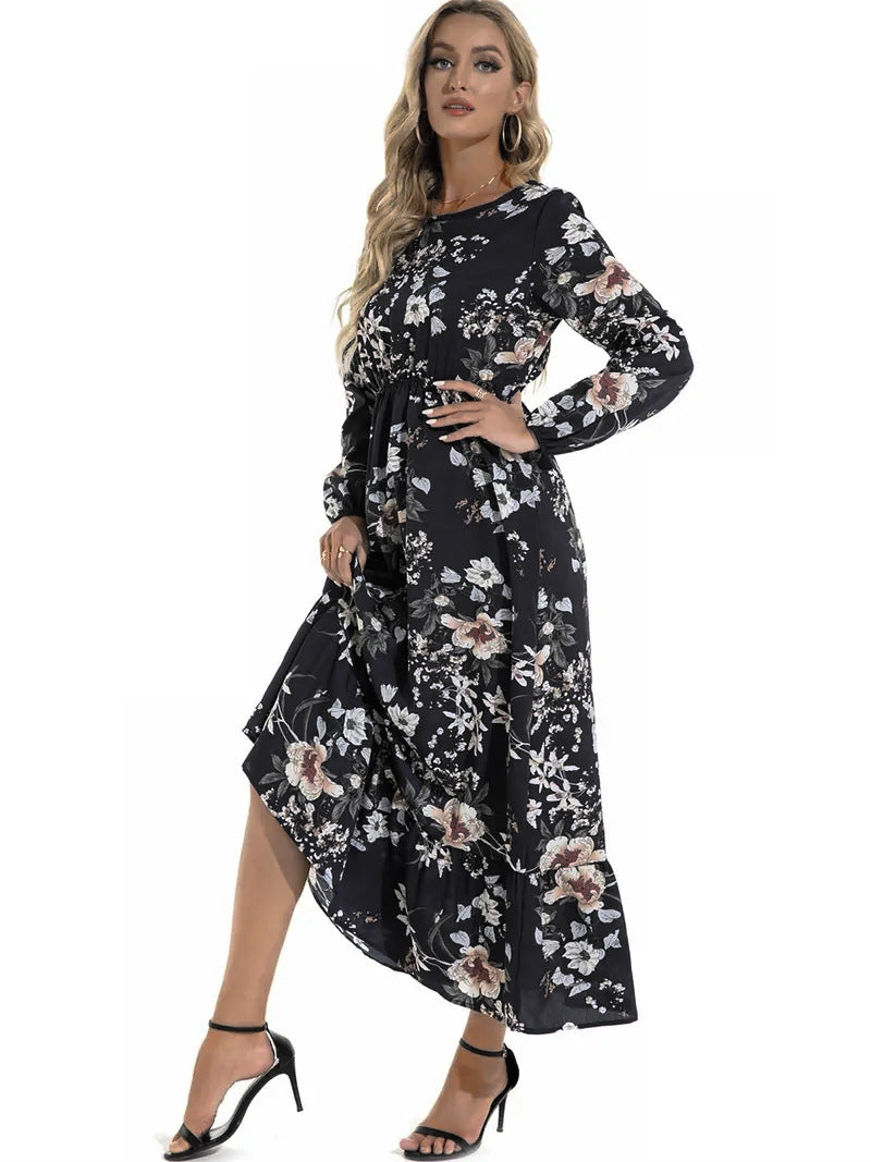 New Autumn And Winter Long Sleeve Long Dress Elegant Printed Round Neck Floral Swing Dress