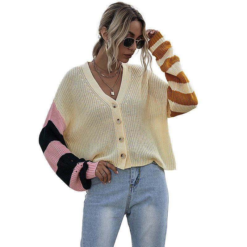 Women's Fashion Splicing Long-Sleeved Cardigan Sweater Spring And Autumn Coat Women