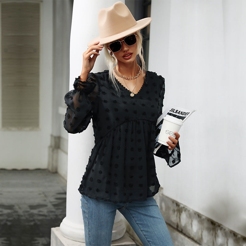 Early Autumn Fashion Shirt Thin Loose V-Neck Long-Sleeved Black Shirt