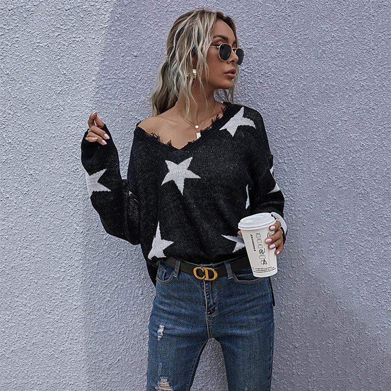 Autumn Long-Sleeved V-Neck Low-Neck Women's Knitted Bottom Sweater Sweater Woman