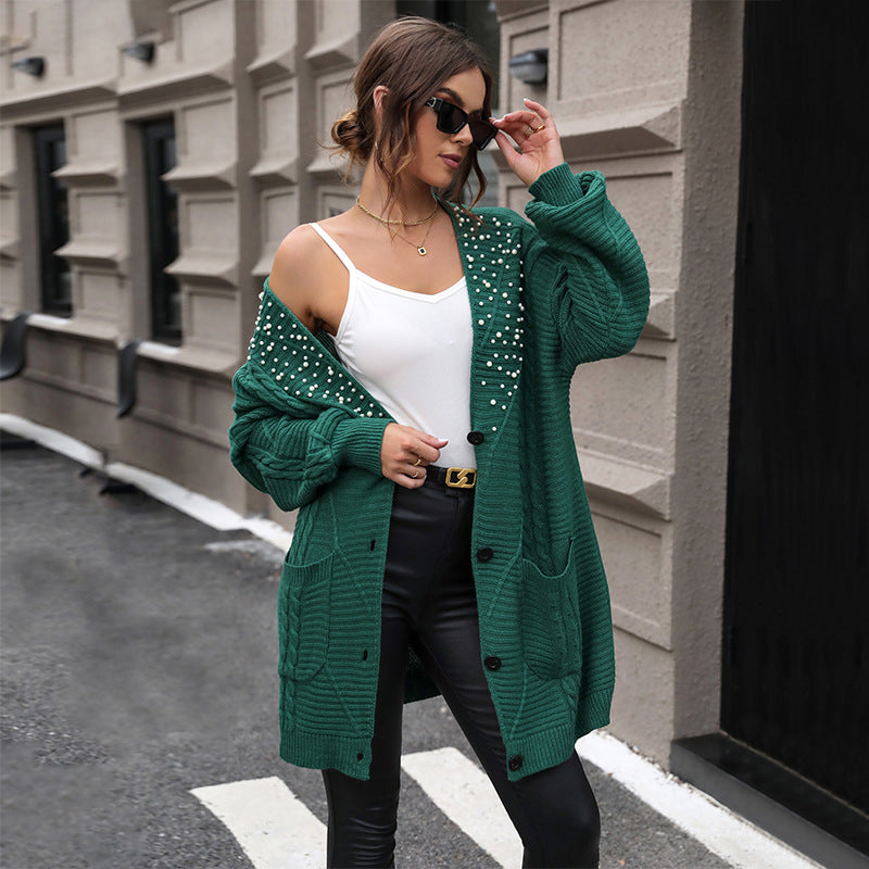 Women's Knitwear Autumn And Winter Pattern Knitted Coat In The Long Beaded Sweater Cardigan