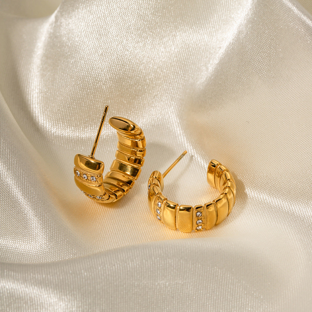 5pcs A Hot 18K Stainless Steel Diamond Bread Grain C Shaped Earrings Do Not Fade Jewelry