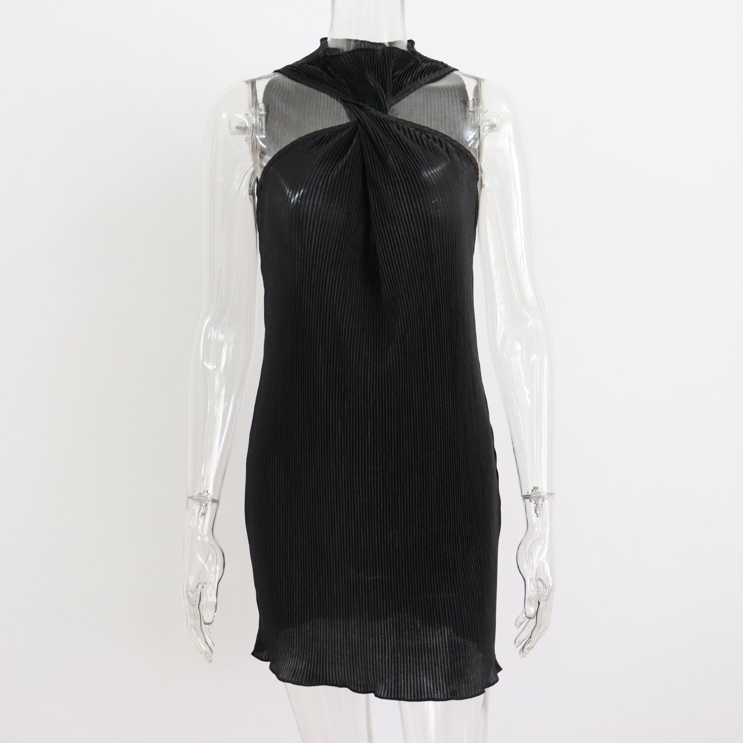 Y2K Wind Round Neck Knot Off-Shoulder Short Skirt Women's Summer New Pleated Sexy Dress