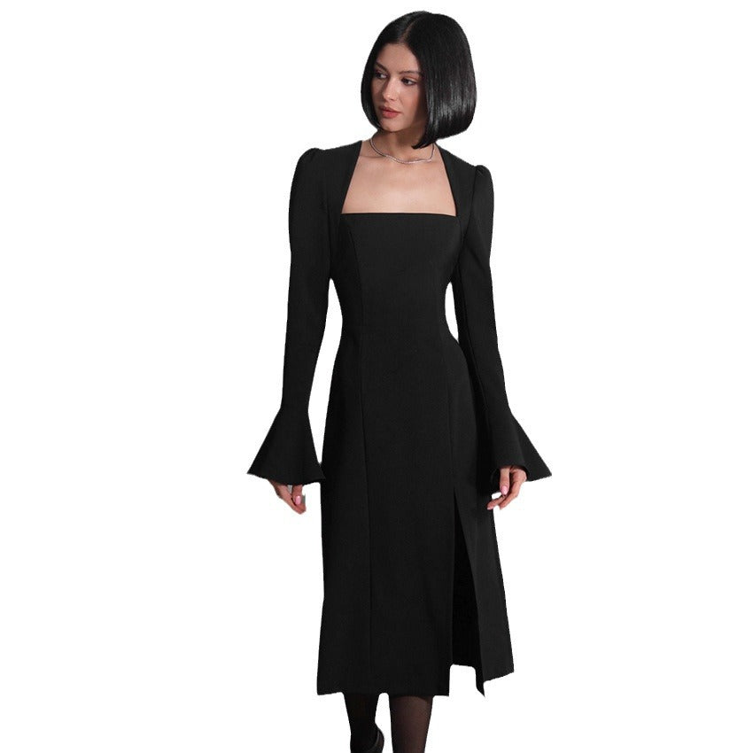 Black Square Collar Flared Sleeves Sexy Split Dress New Fall Fashion Commuter Dress