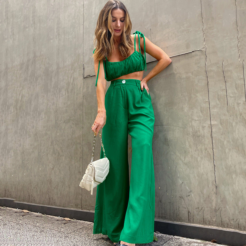 Spring And Summer New Women's Halter Vest Temperament Commuter Pants Loose Cotton Green Leisure Suit
