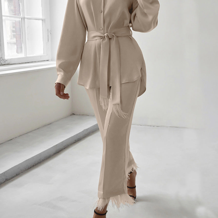 Khaki Suit Collar Feather High Waist Elastic Satin Suit New Spring Fashion Woman
