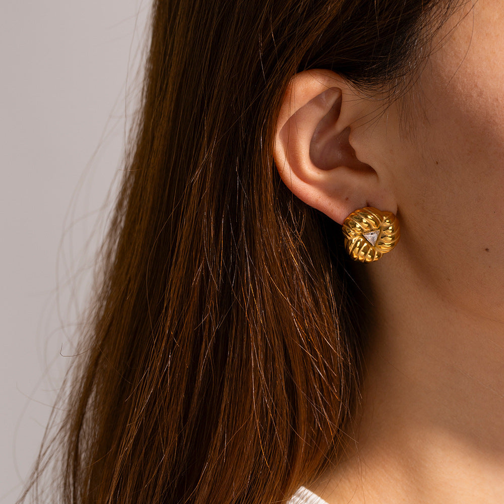 5pcs Geometric Premium Sense 18K Gold Stainless Steel Zircon Retro Set Zircon Petal Earrings