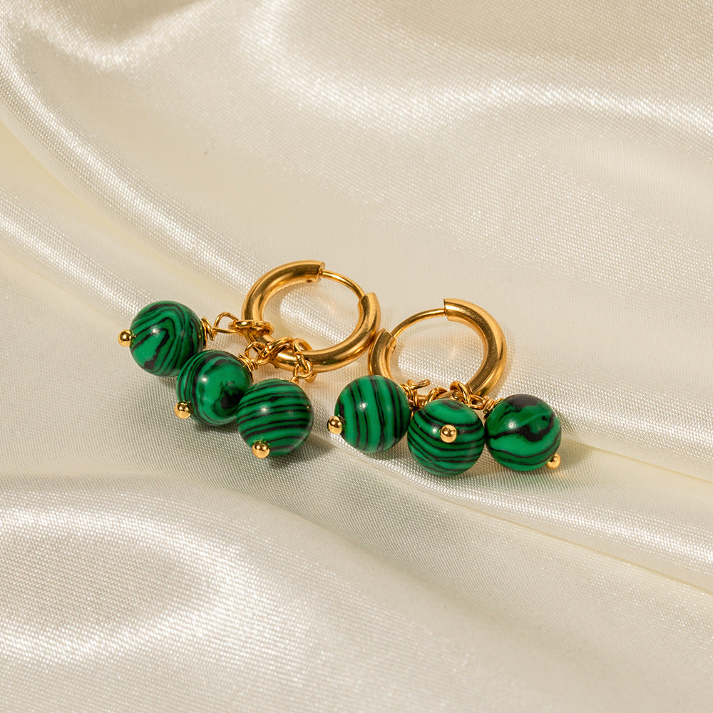 5pcs 18K Gold Stainless Steel Earrings Three Green Peacock Stone Fringe Pendant Earrings Fashion Style Earrings Accessories Women's Style