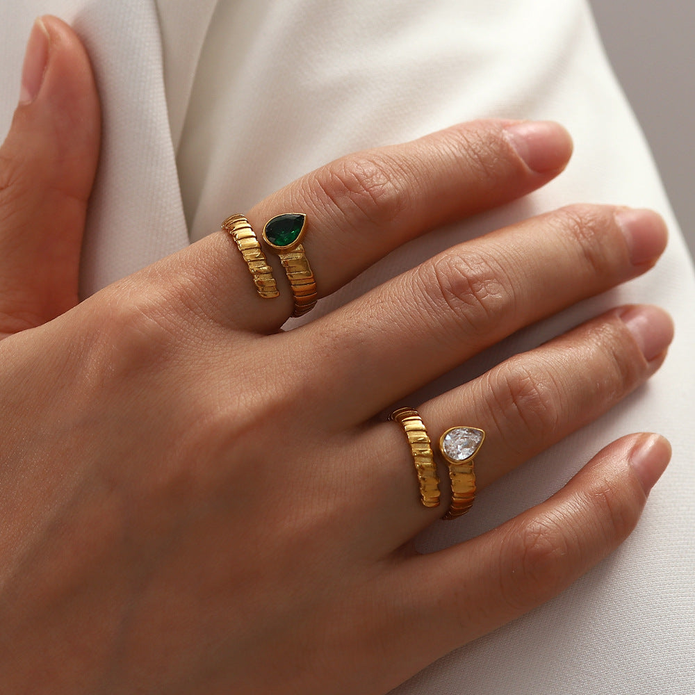 5pcs New Titanium Steel Love Ring 18K Gold Irregular Inlaid White Green Drop Zircon Open Ring