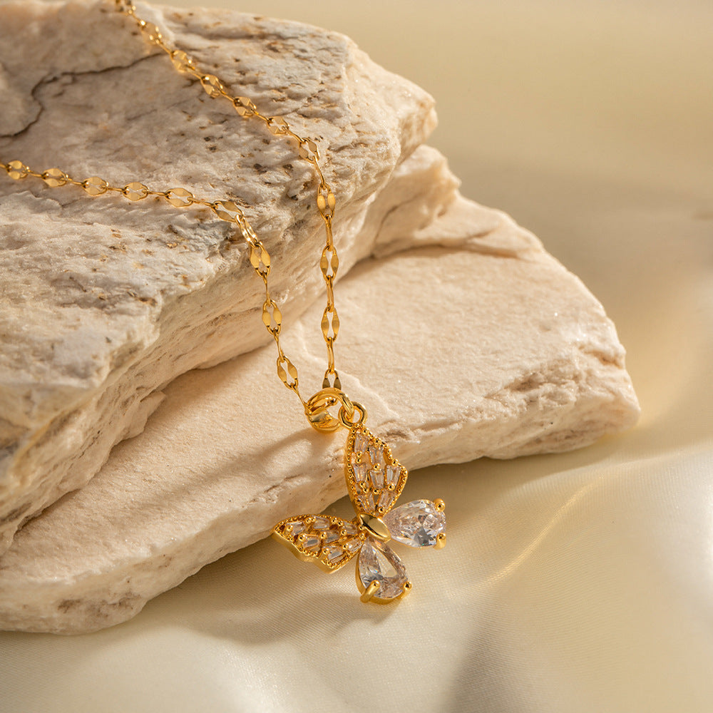 5pcs 18K Gold Stainless Steel Inset White Zircon Butterfly Pendant Necklace Does Not Fade A Niche Jewelry