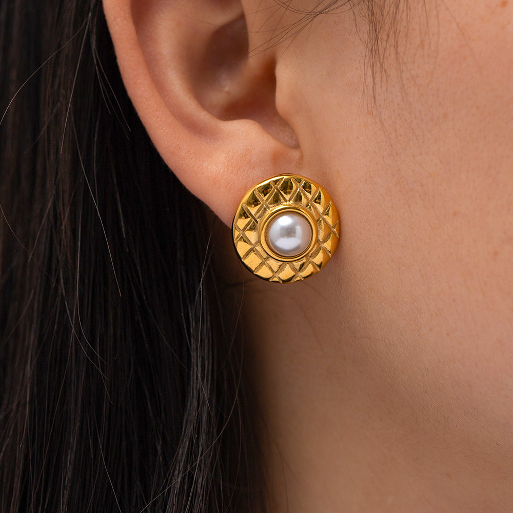 5pcs New 18K Gold Plated Fashion Plaid With Pearl Stud Earrings Fashion Everything Earrings