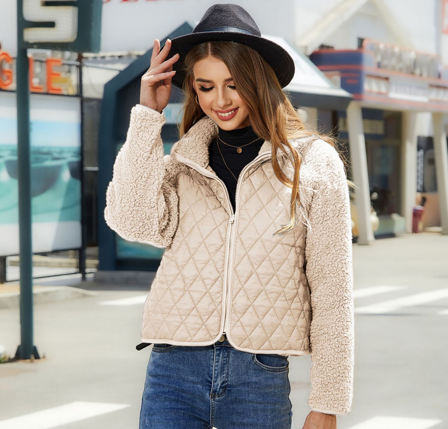 Glitter New Autumn And Winter Women's Cardigan Zipper Long Sleeve Plush Splicing Coat Women