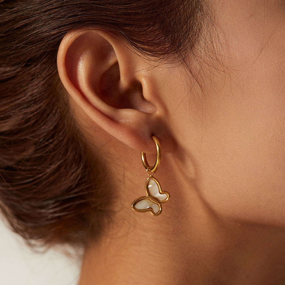 5pcs 18K Gold Natural White Shell Butterfly Shape Simple Stud Earrings 14K Gold White Shell Butterfly Gold Chain Stainless Steel Necklace