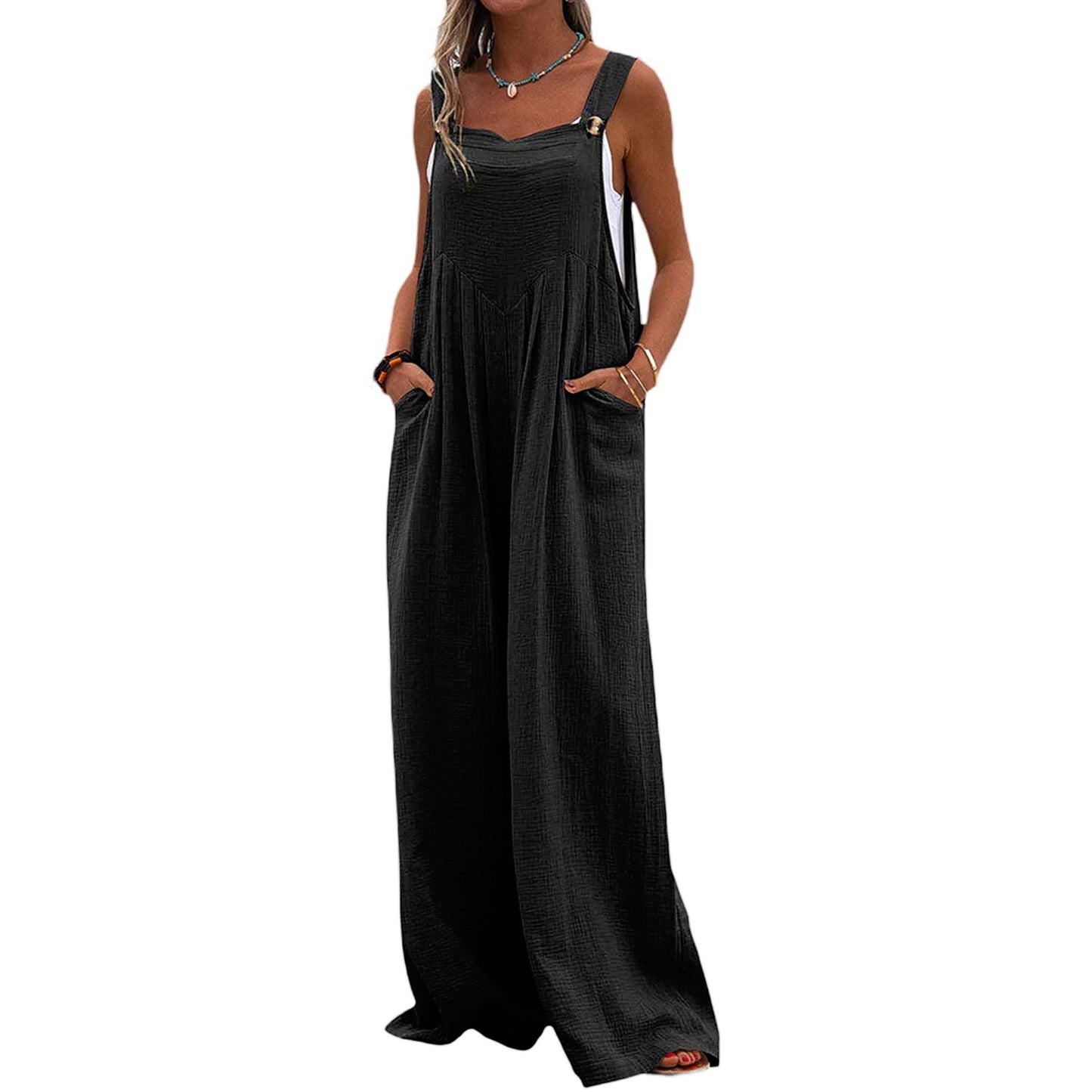 Casual Summer Romper With Loose Straps Pocket Cotton Hemp Breathable Wide Leg Pants Home Commuter Pants