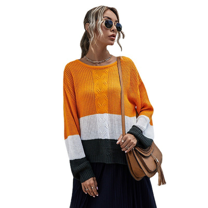 Casual Loose Long-Sleeved Color Contrast Twist Women's Sweater