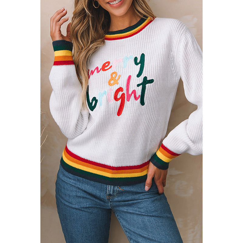 Autumn New Pullover Round Neck Long Sleeve Blouse Women Casual Style Contrast Color Striped Border Sweater Woman