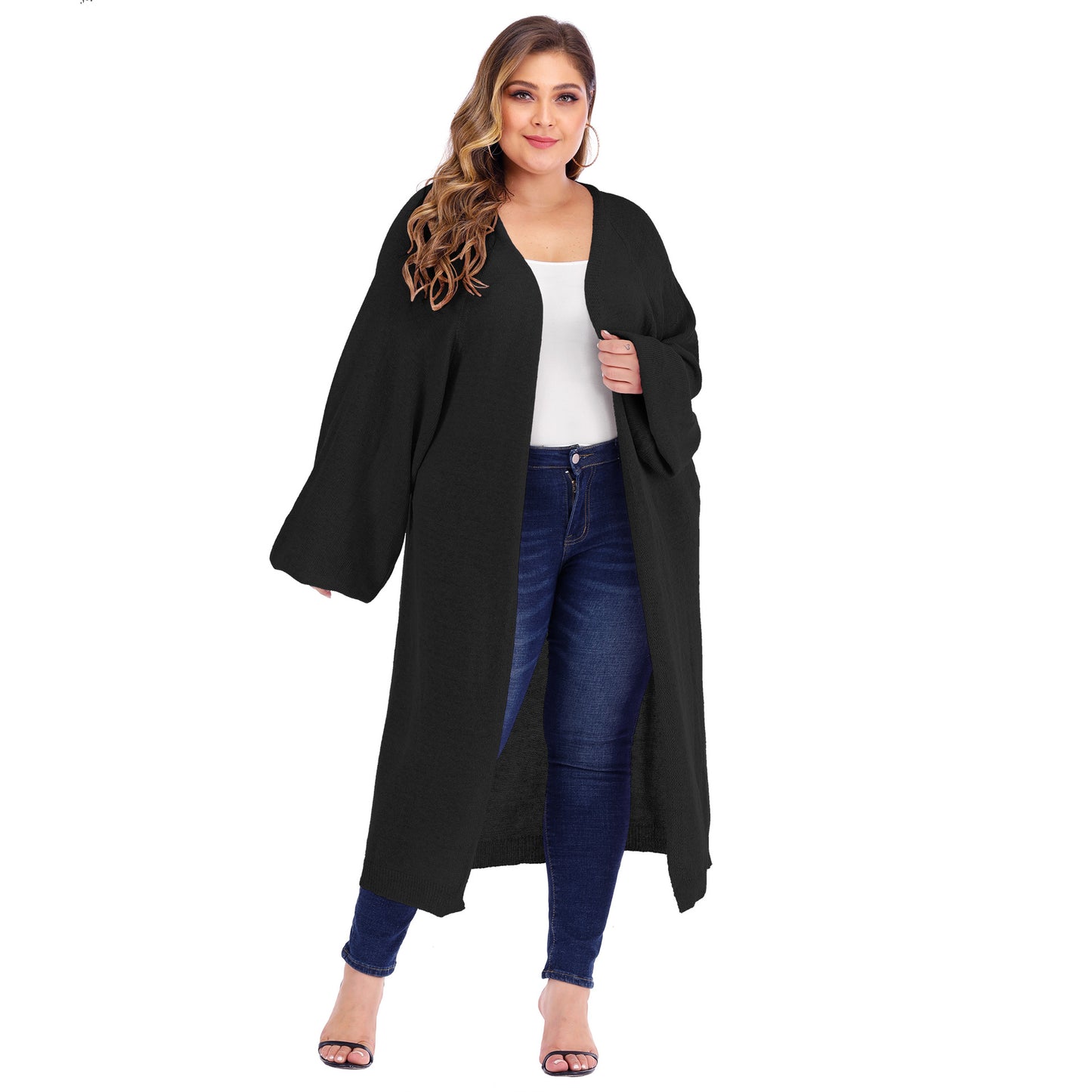 Large Size Women's Loose Pocket Bat Sleeve Lantern Sleeve Long Woven Cardigan Sweater Sweater Coat Women