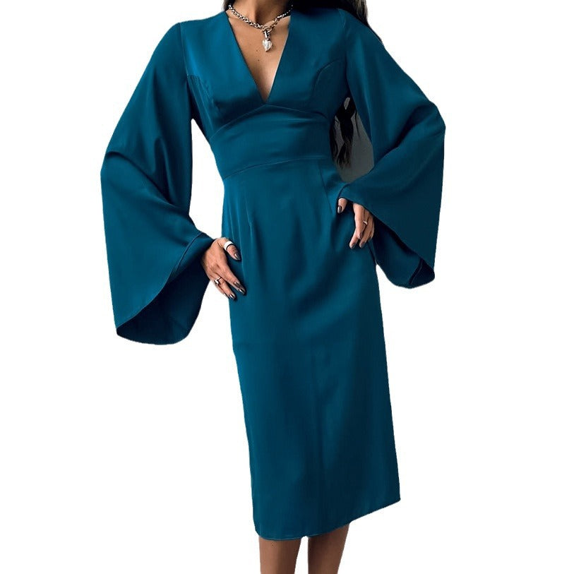 Blue Imitation Acetic Acid Color Ding Sexy Deep V Flared Sleeve Dress Spring Summer New Fashion Woman