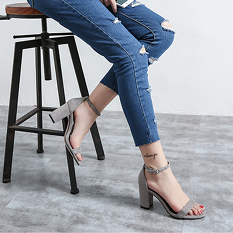 A Line Buckle High Heel Sandals Thick With Female Summer Dewtoe Black Suede Size 33 to 43