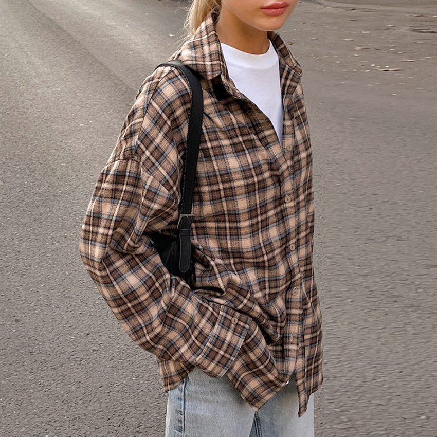 Autumn American Vintage Plaid Shirt Women's Long Design With A Loose Base Plaid Shirt