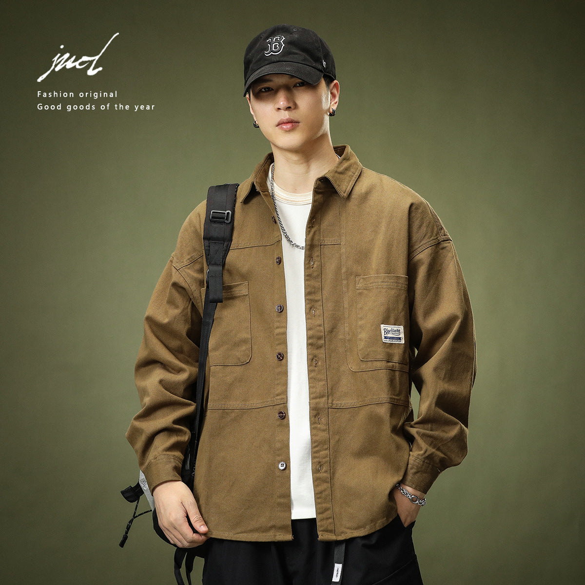 Khaki Overalls Shirt Coat Men's Long-Sleeved Casual Loose Shirt Jacket Fall New Folded Wear