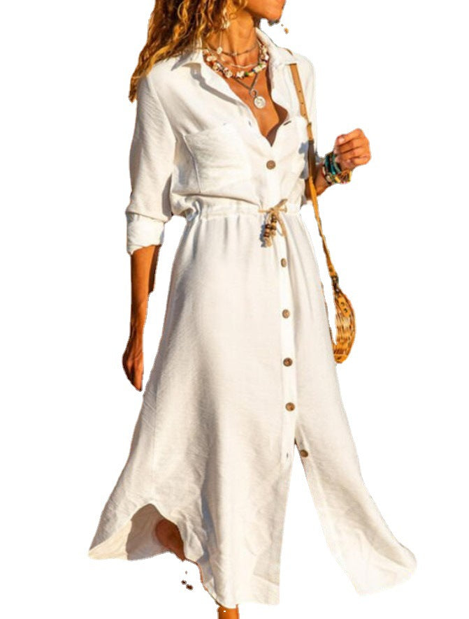 New Sexy Lapel Long Sleeve Cotton Dress