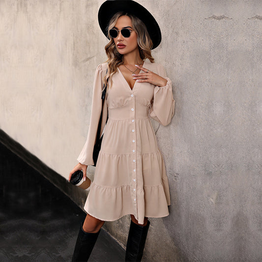 Autumn New Fashion Women's Long-Sleeved Solid Color Dress