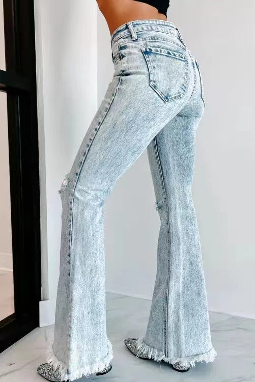 New Long Ripped Jeans Women's Bell-Bottoms Washed High-Waisted Trousers