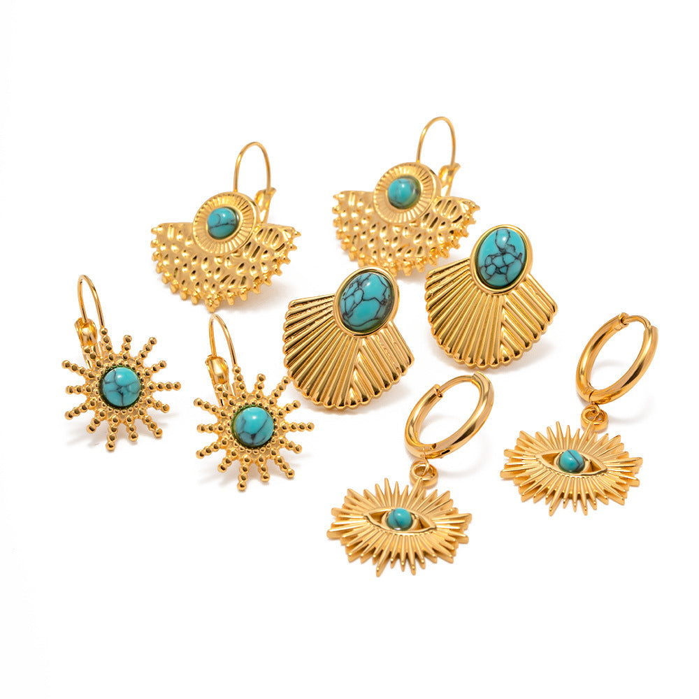 5pcs Green Series Of Niche Titanium Steel Earrings Retro Style High-Grade Non-Fading Turquoise Earrings