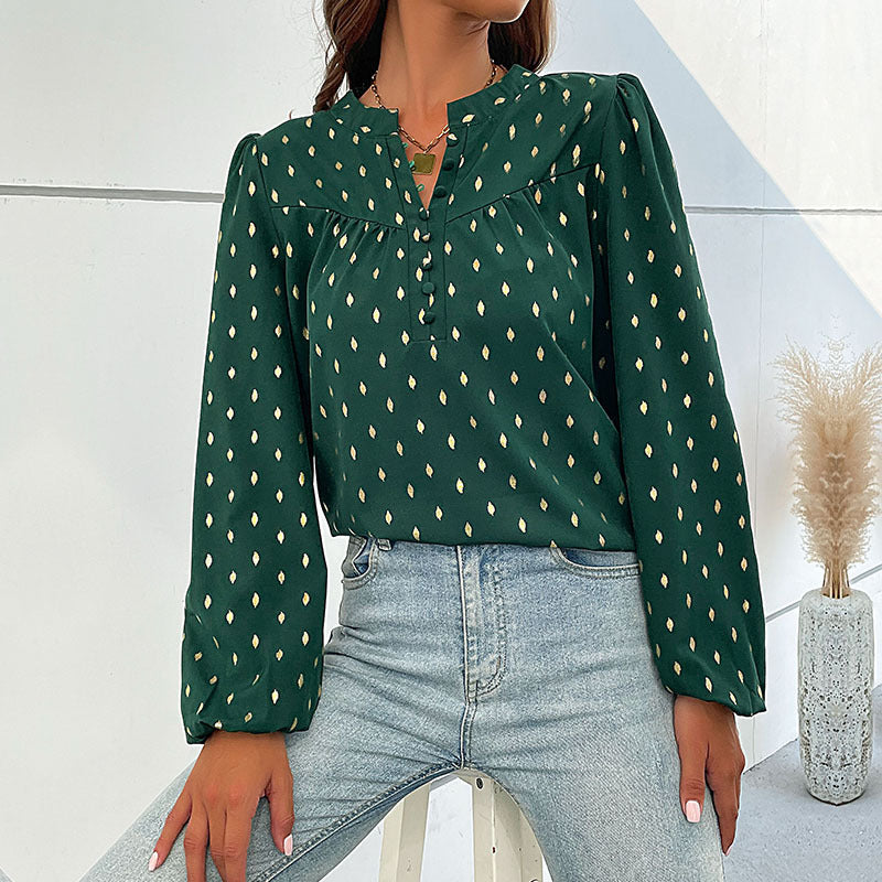 New Autumn And Winter New Women's Long Sleeve V Open Collar Hot Gold Shirt