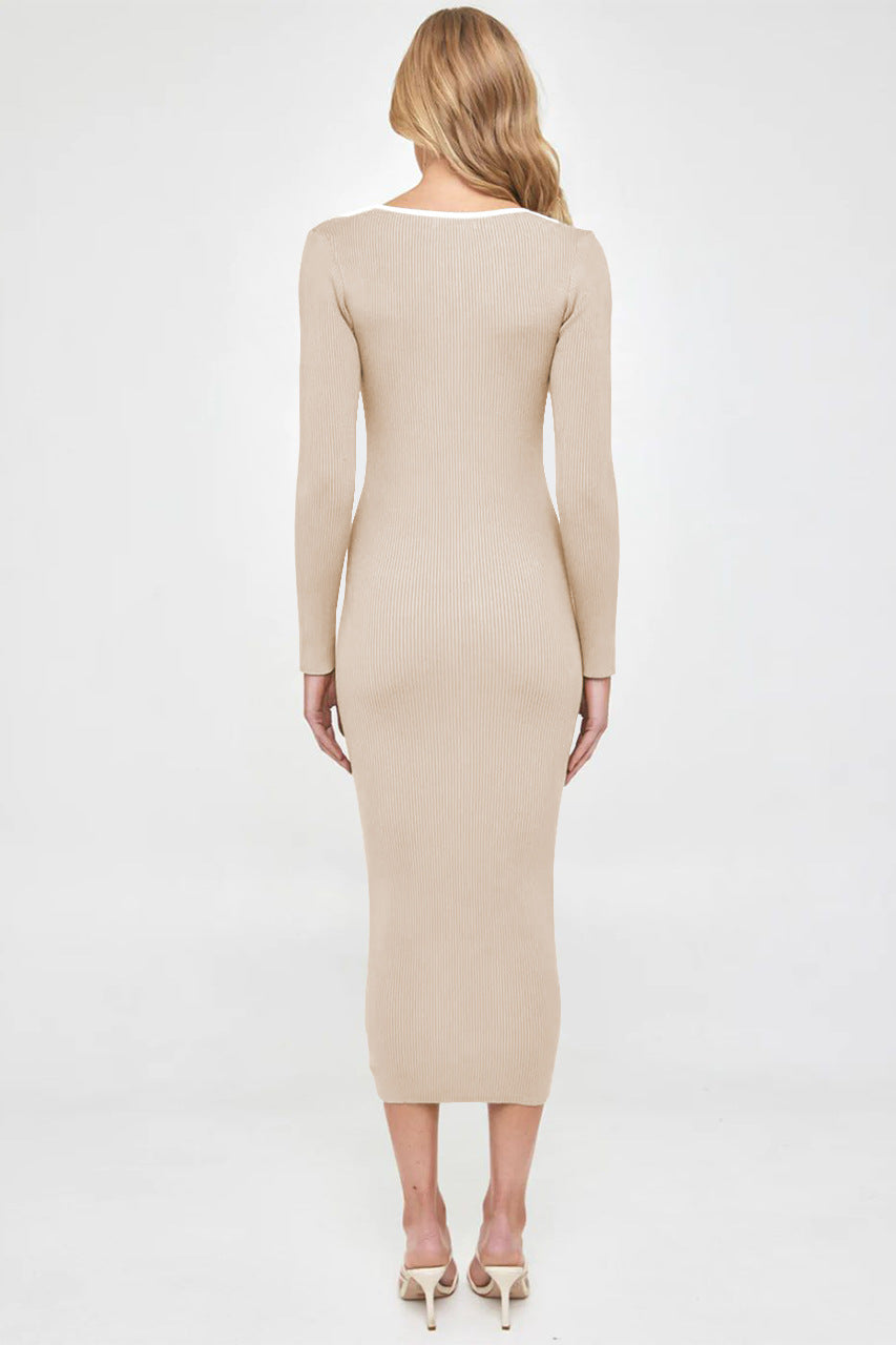 Knitted Dress Autumn Female Design Sense Of Temperament Ribbed Slim Long Sleeve Skirt Sexy Package Hip Skirt