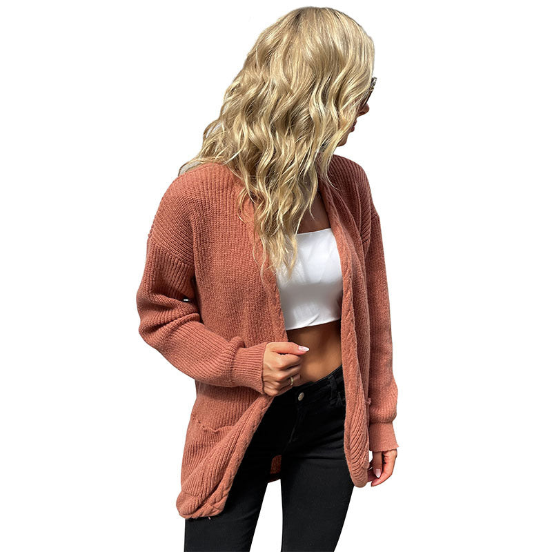Autumn and Winter Fashion Knitted Long Sleeve Twist Solid Color Sweater Cardigan