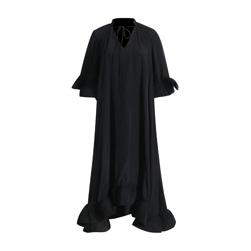 Palace Retro Style Spring V-Neck Tie Loose Waist Oversized Skirt Skirt Solid Color Dress Woman