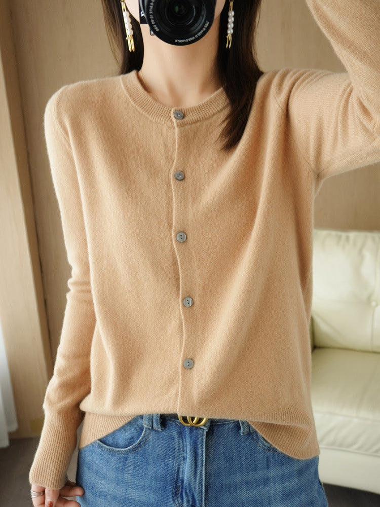 100 All-Wool Sweater Women's Knitted Crewneck Cardigan Casual Everyday Slimming Spring Cashmere