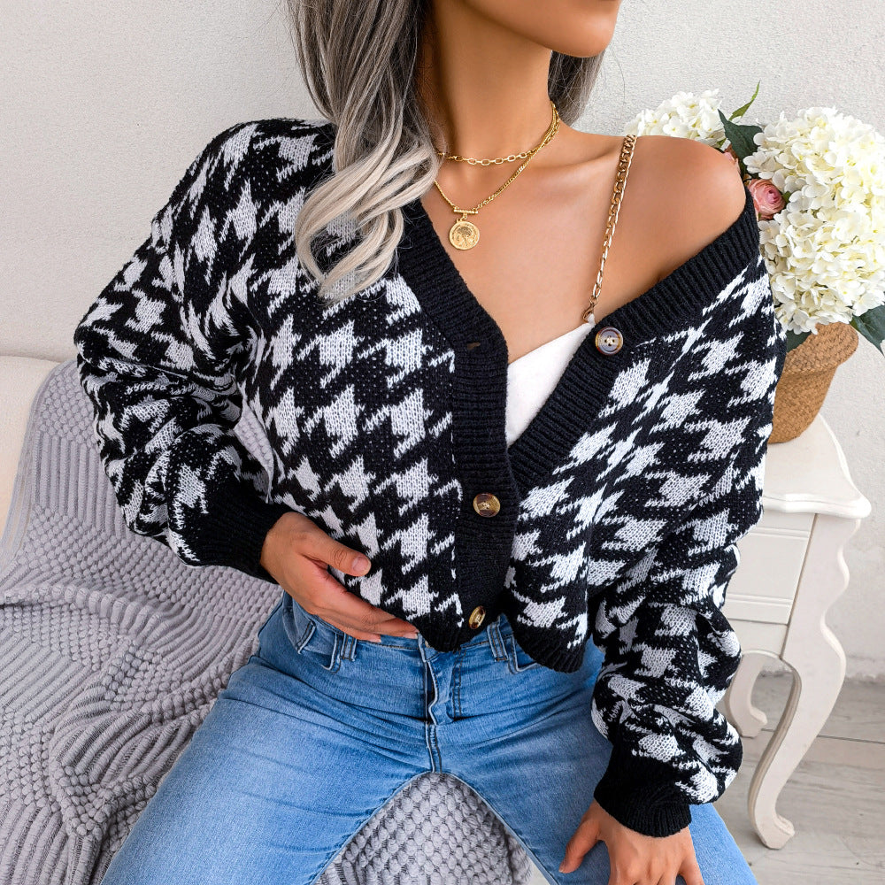 New Autumn And Winter Leisure Lantern Long Sleeve Thousand Bird Check Cardigan Sweater Coat Women's Wear